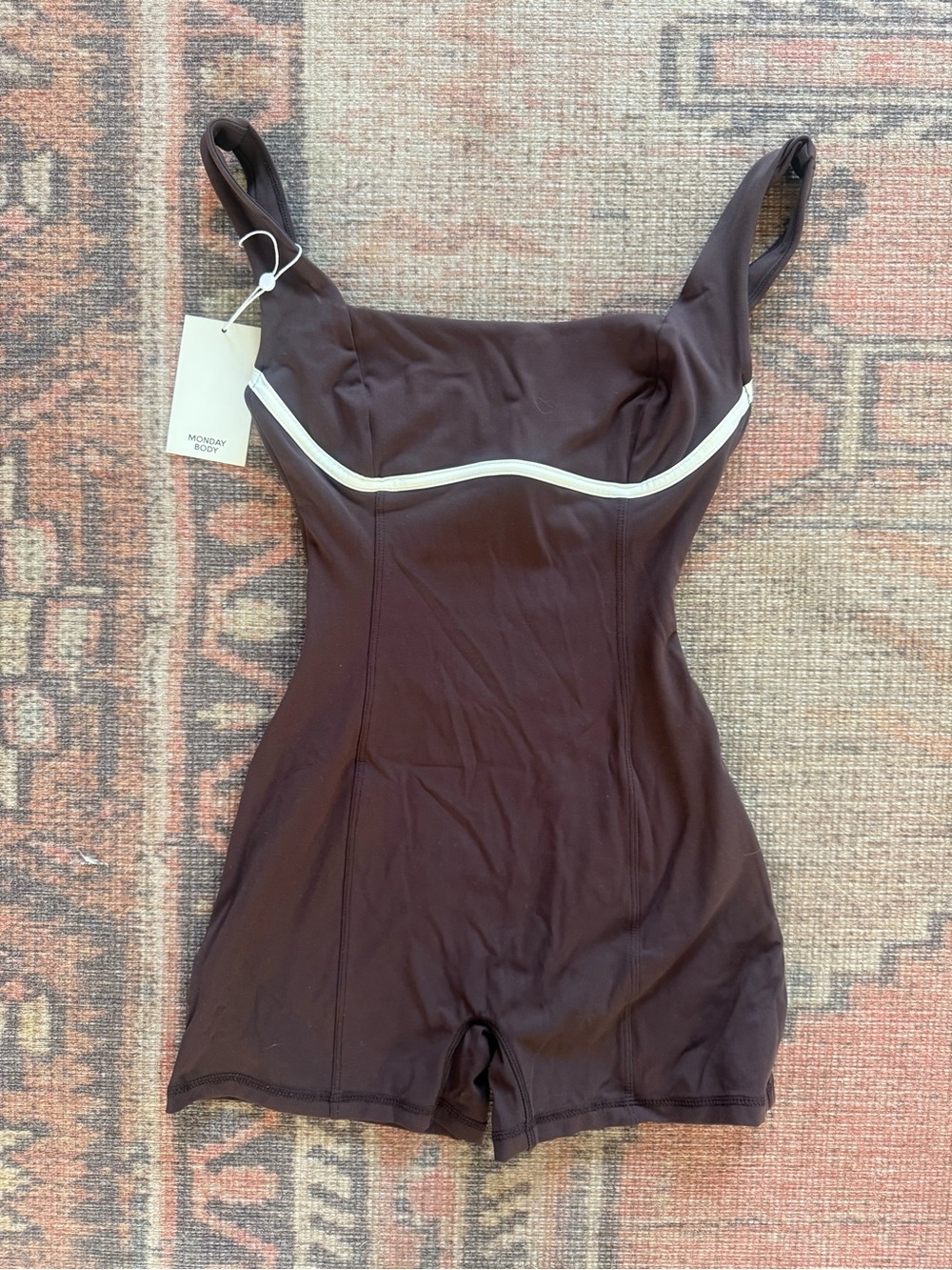 Monday Swimwear Brown One-Piece Romper Swimsuit with White Trim